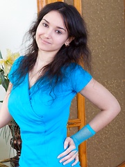 In blue, Ramira strips in stockings and gets naked